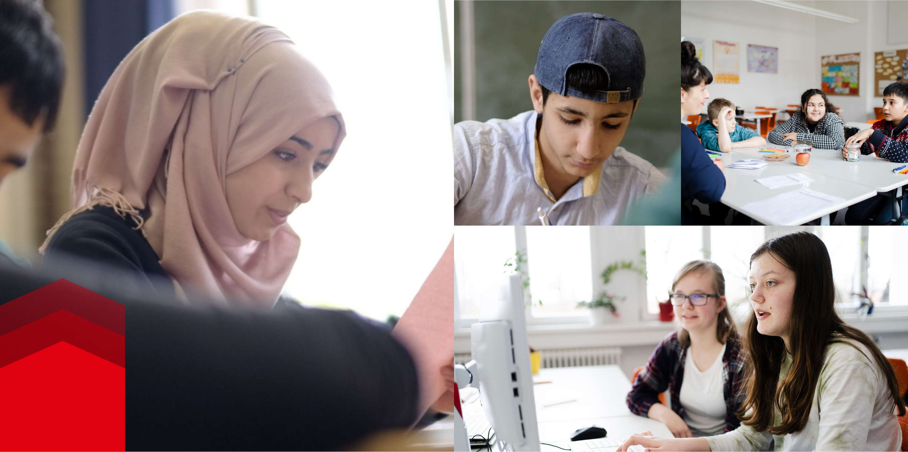 Collage de fotografías con niños de diferentes naciones en la escuela 