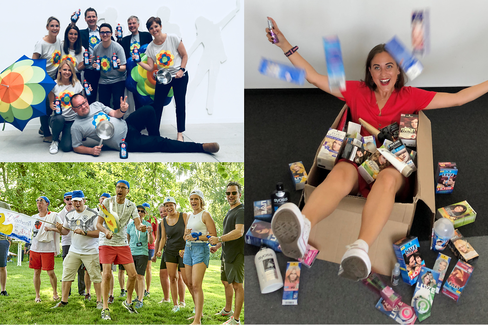 Collage de empleados de Henkel divirtiéndose en diferentes actividades 