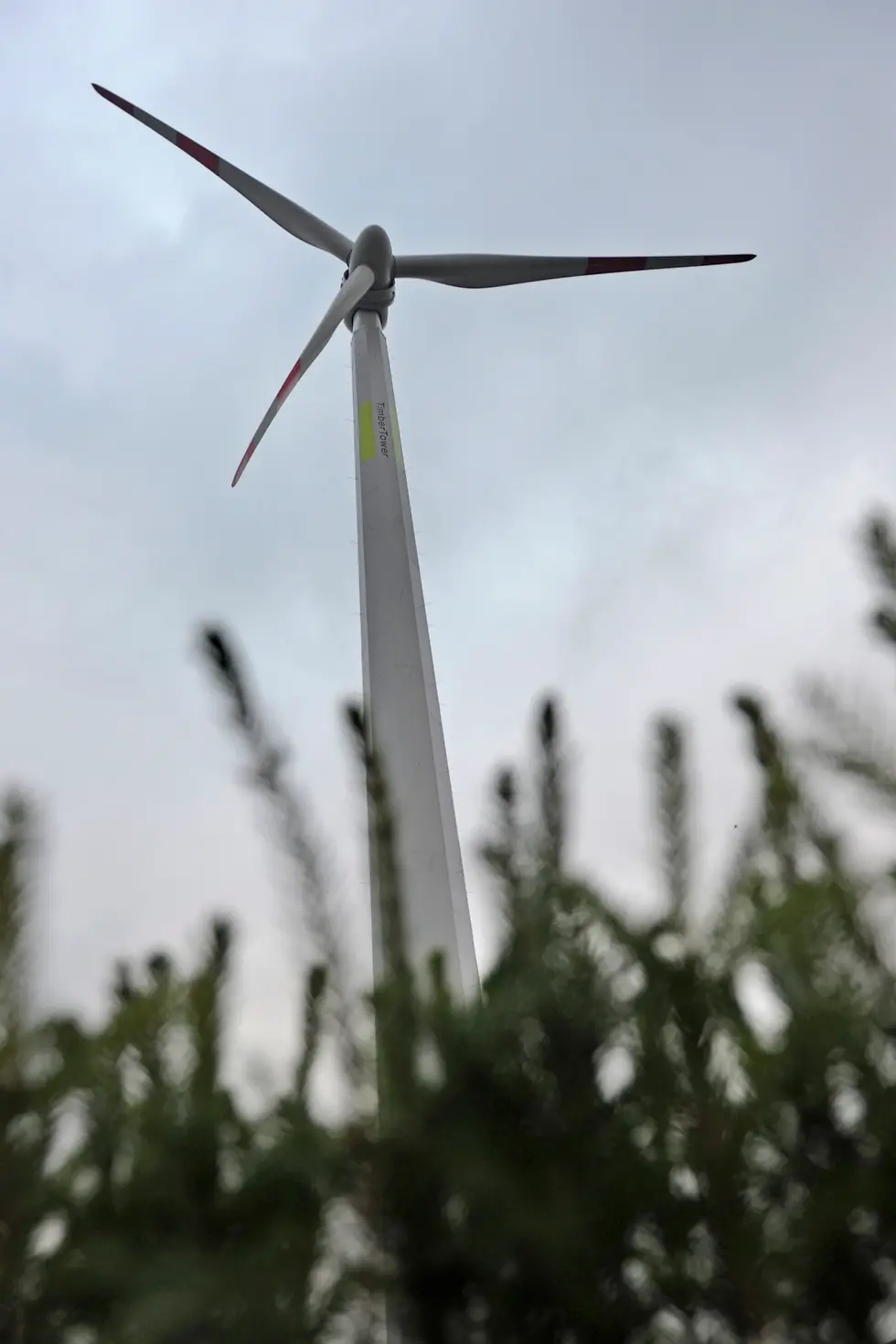 Die innovative Windkraftanlage TimberTower bei Hannover, deren Turm komplett aus verleimtem Holz besteht