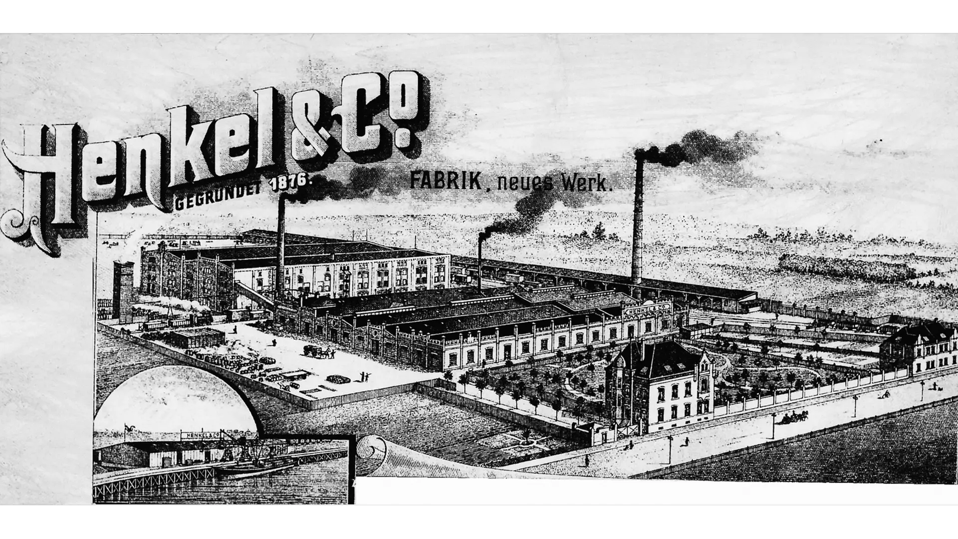 Boletín de Henkel con una imagen de la planta de Holthausen y una sección del puerto de Reisholz en la esquina inferior izquierda.