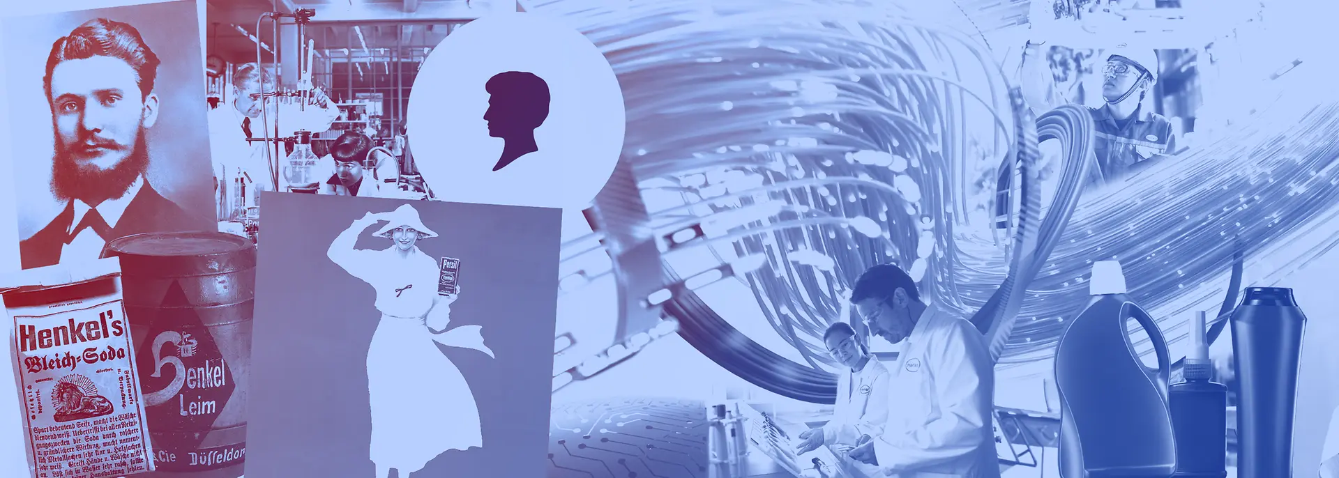 Collage de productos antiguos de Henkel, botellas de detergente, trabajadores de laboratorio y anuncios históricos en tonos azules