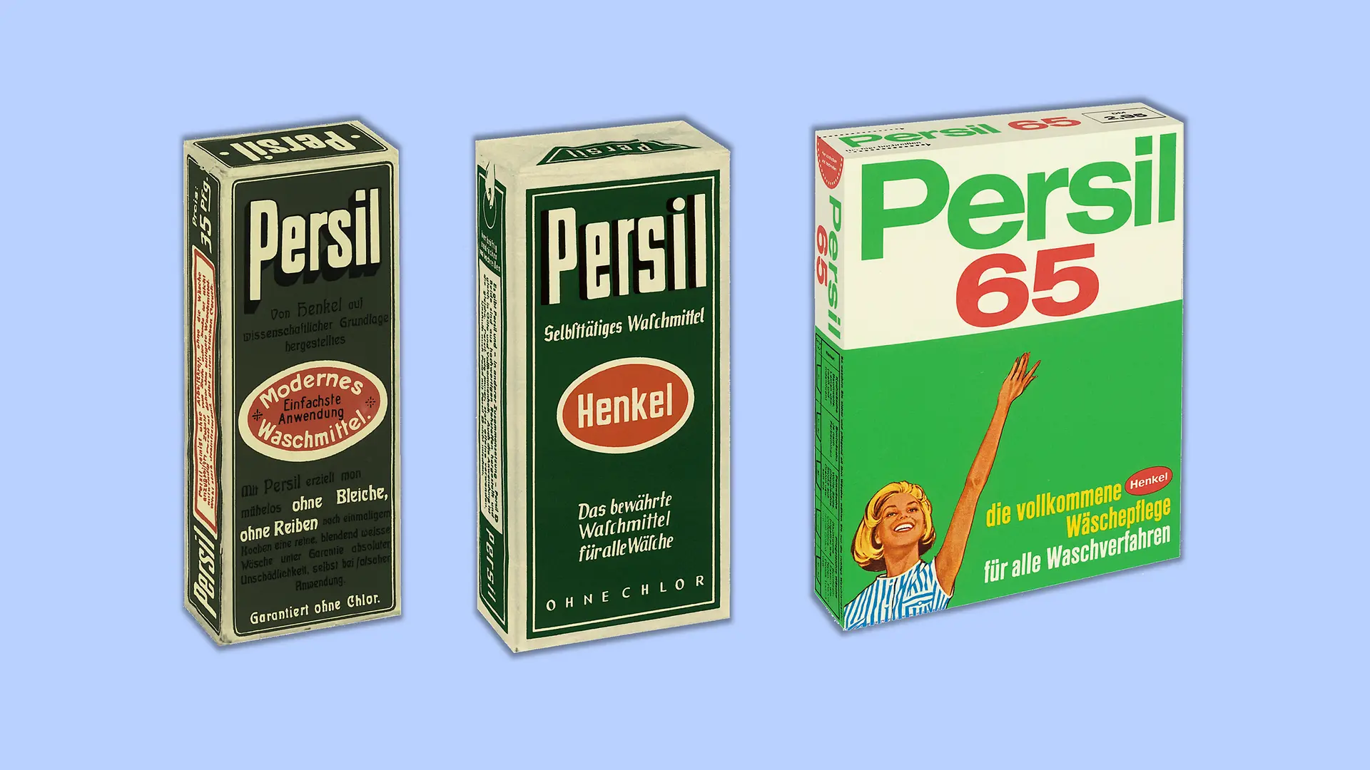 Collage con tres envases diferentes de Persil de distintas décadas. El envase está diseñado en el típico color verde de Persil con letras blancas. El óvalo rojo de Henkel está situado en el centro. Con el paso del tiempo, el envase se vuelve ligeramente más ancho, pero el diseño no cambia.