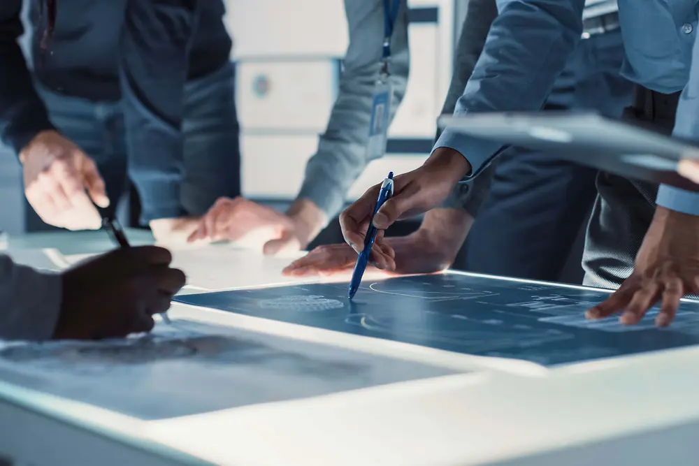Vista en primer plano de varias personas reunidas alrededor de una gran mesa iluminada, revisando y marcando planos técnicos con bolígrafos y dispositivos digitales.