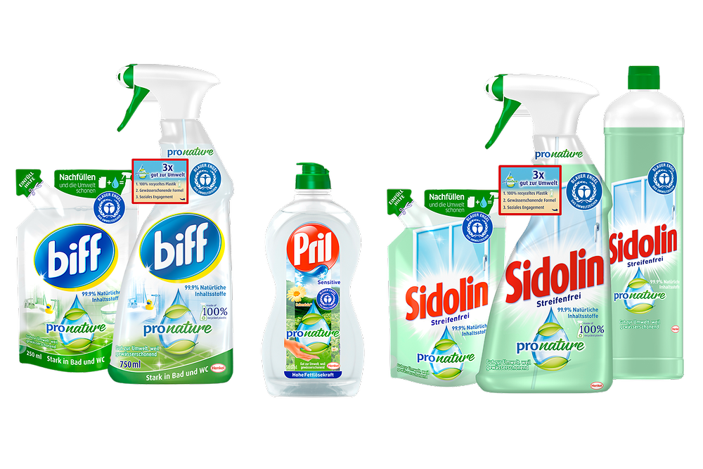 The PET bottles of the Pro Nature range from the brands biff, Sidolin and Pril consist of 100 percent recycled plastic